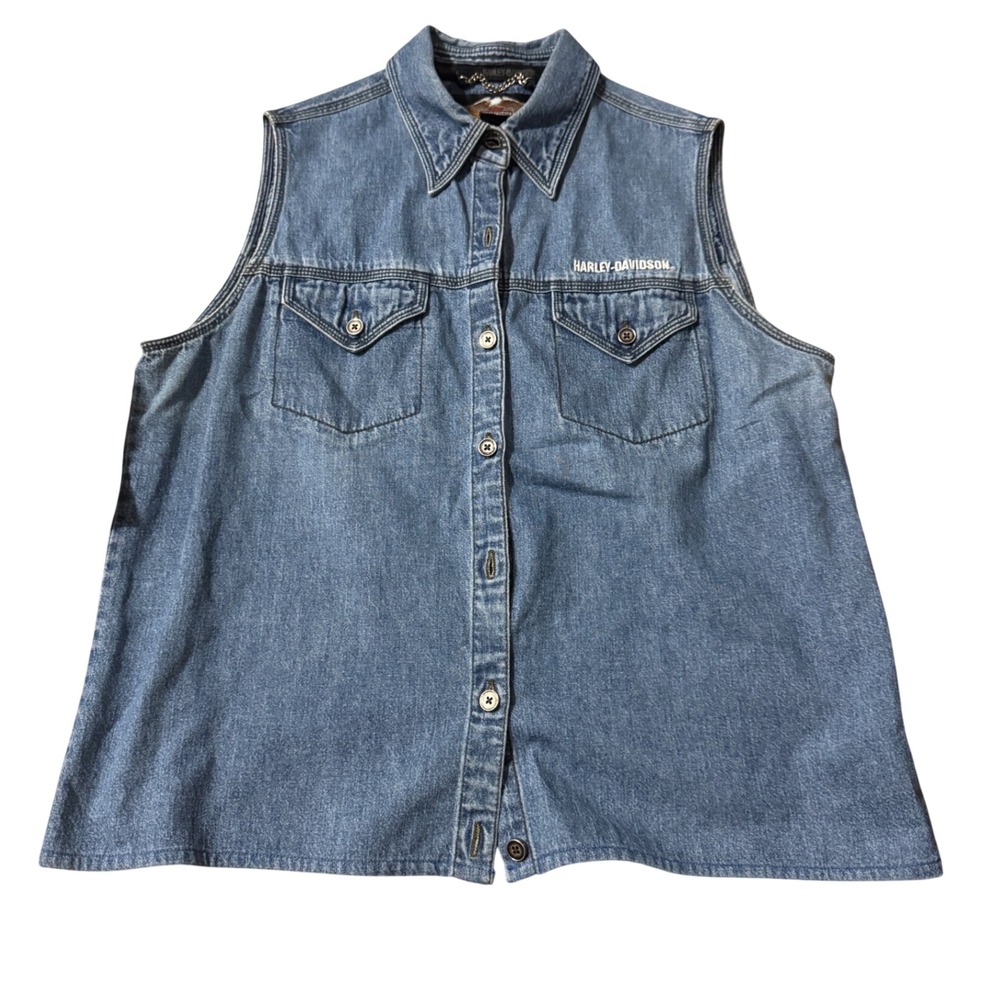 Harley-Davidson Denim Vest Women Large Blue Good Biker Embroidered Logo 90s
